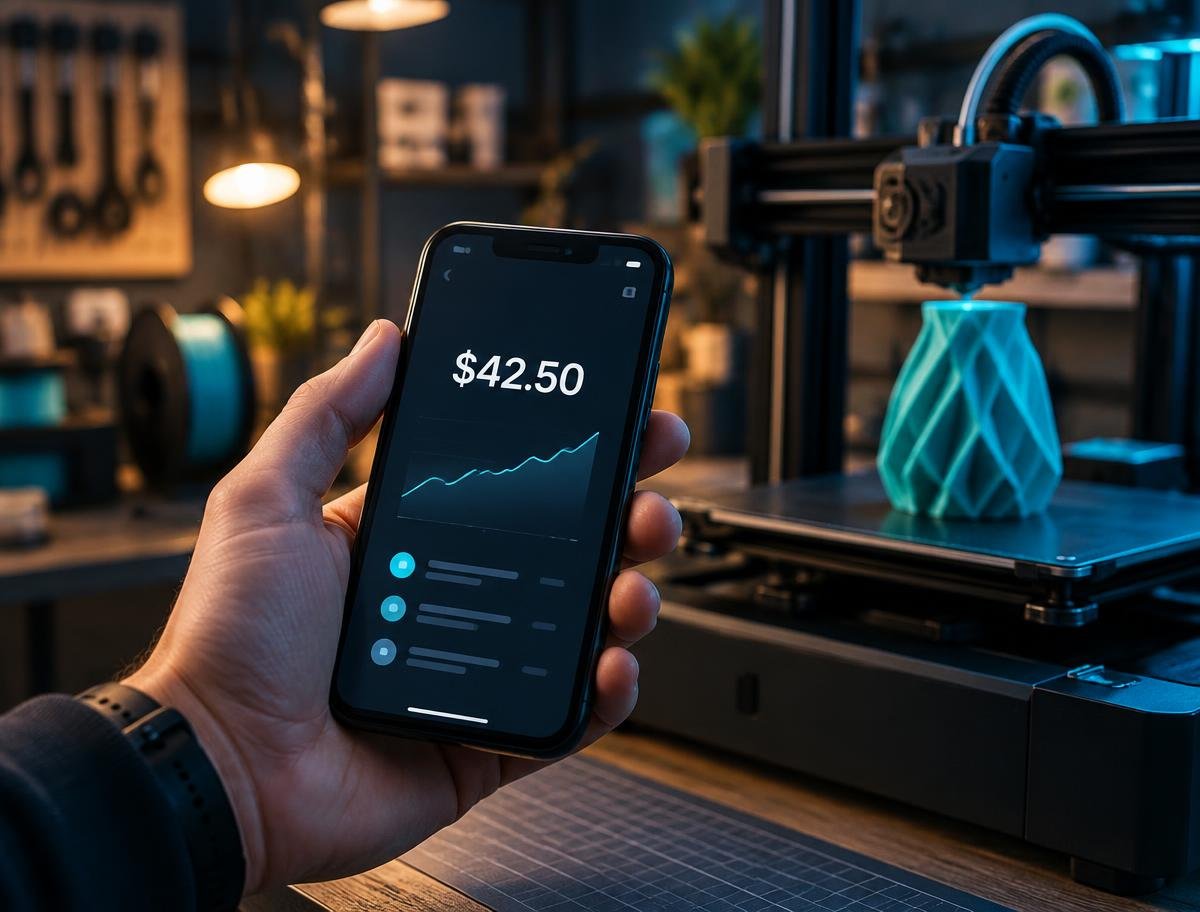 Emprendedor cotizando una pieza desde el celular junto a su impresora 3D