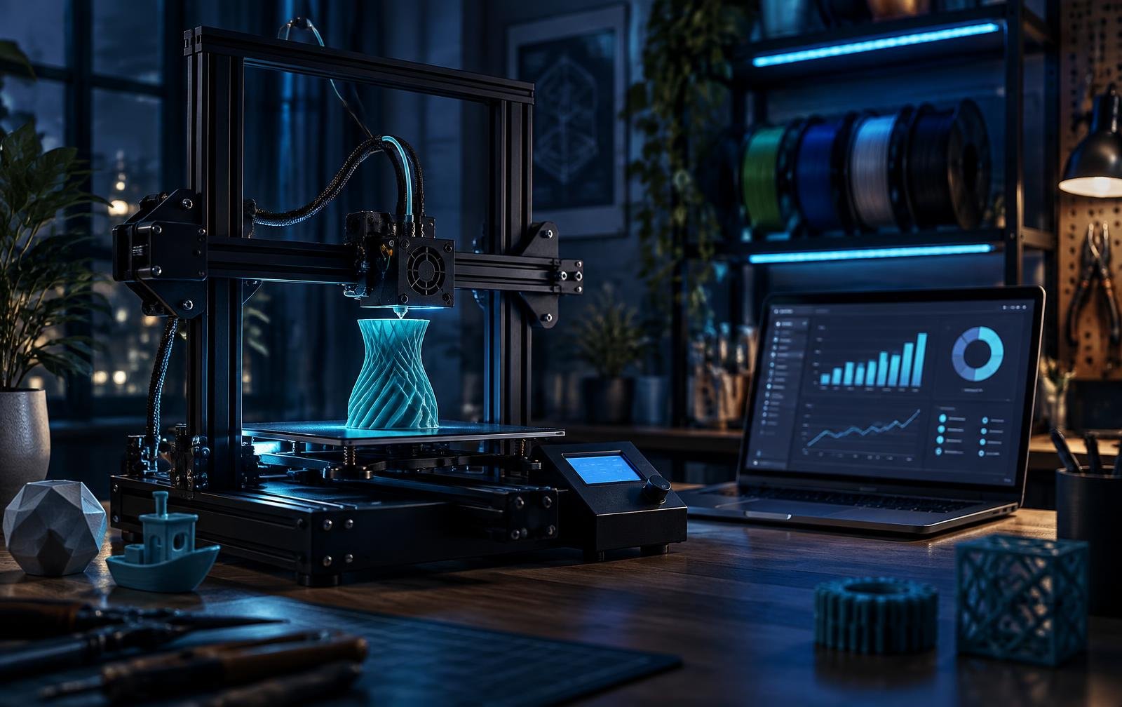 Impresora 3D imprimiendo una pieza junto a una laptop con el costo calculado